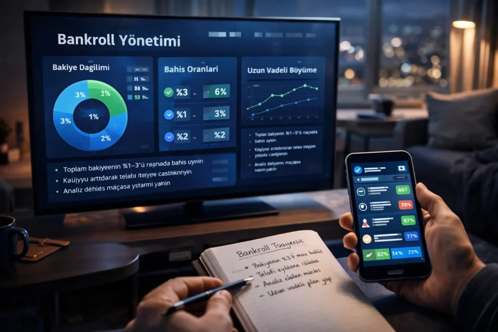 Twitter bahis hesaplarında bankroll yönetimi tavsiyelerini, yüzde bazlı bahis oranlarını ve uzun vadeli büyüme analizini gösteren ev ortamında yapılan spor bahis analizi