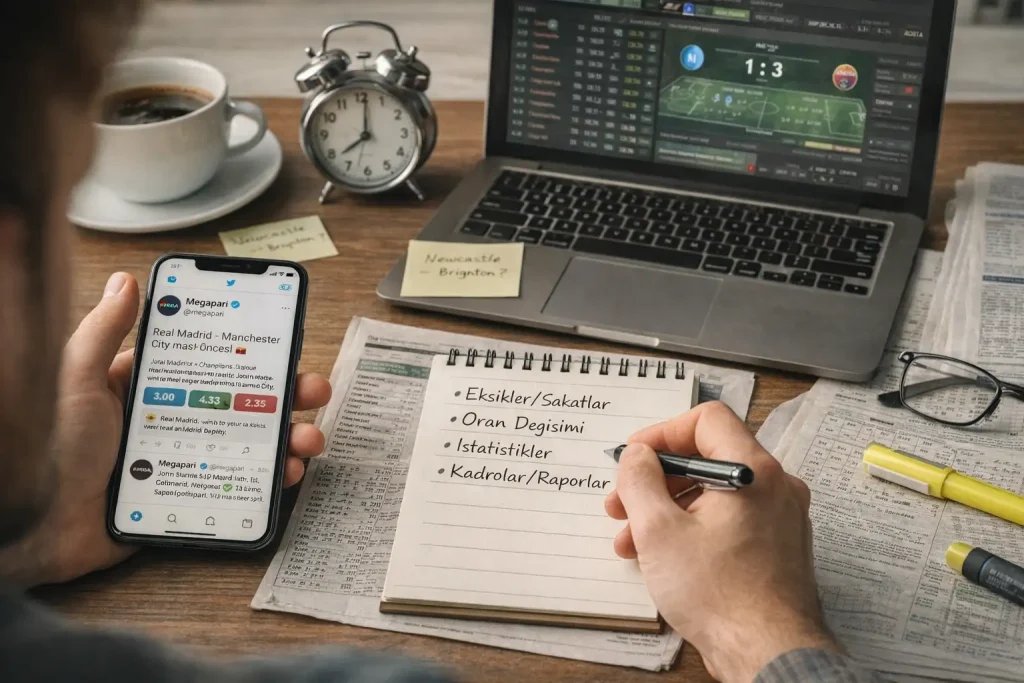 Dizüstü bilgisayar ve akıllı telefon ekranında spor istatistikleri ve sosyal medya akışı incelenirken notlar alan bir kişinin, bilgiyi doğrulayıp stratejiye dönüştürme sürecini yansıtan sade ve gerçekçi yatay görsel
