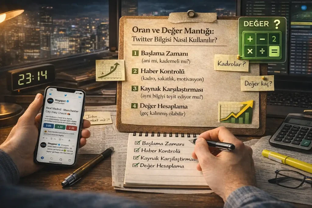 Gece ortamında, akıllı telefon ve not defteriyle oran hareketlerini ve bilgiyi analiz eden bir kullanıcının, karar öncesi “değer” değerlendirmesini simgeleyen gerçekçi yatay görsel